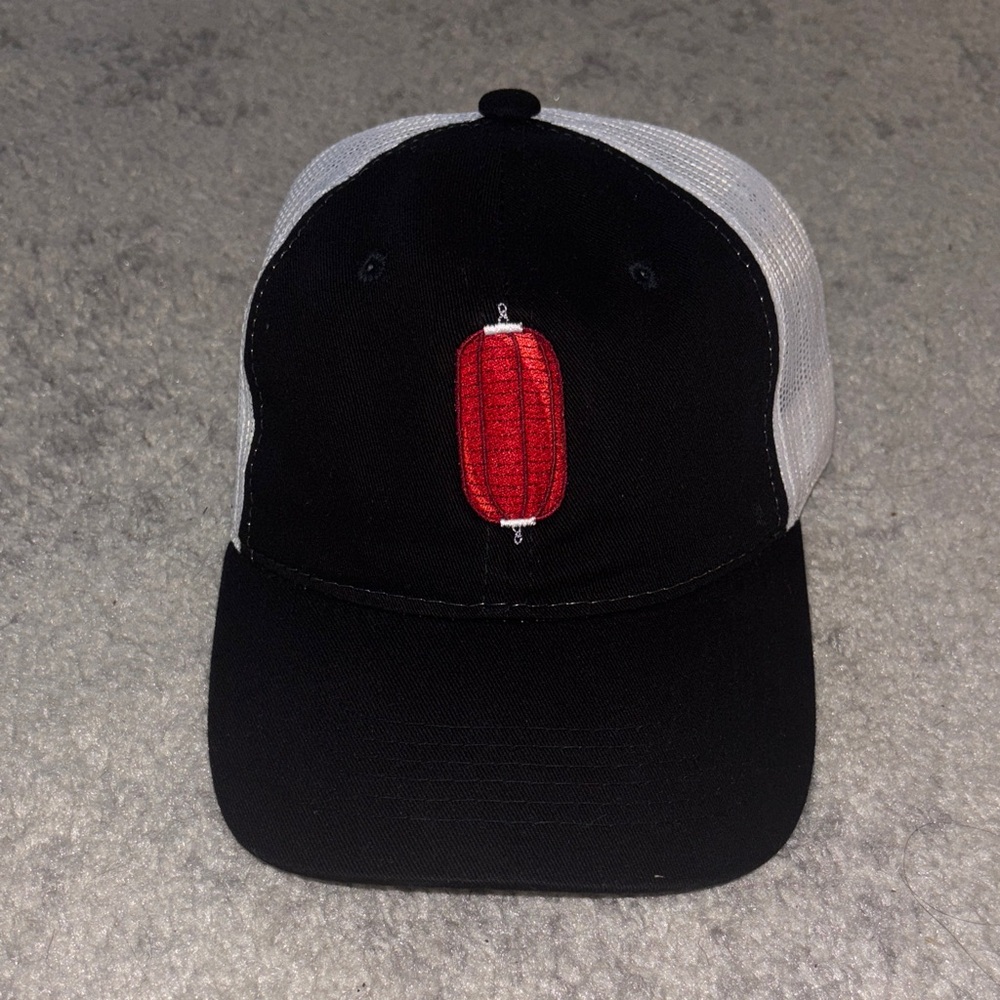 Black and White Trucker Hat with Asian Lantern Logo